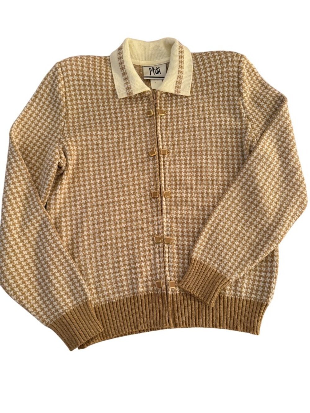 Mita Cardigan Womens Zip-up Cardigan Sweater Size 4 Tan Knit Houndstooth Vintage - Picture 6 of 10